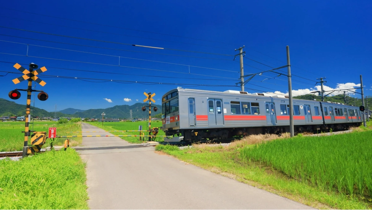 田園風景の中を走る電車と踏切