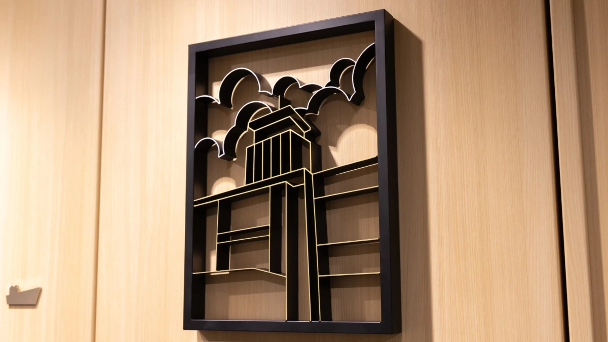 木目調の壁にかけられたアートワーク