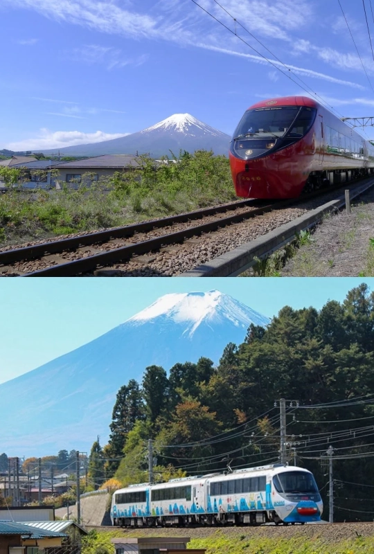 富士山を背景に異なるデザインの特急列車が走る様子