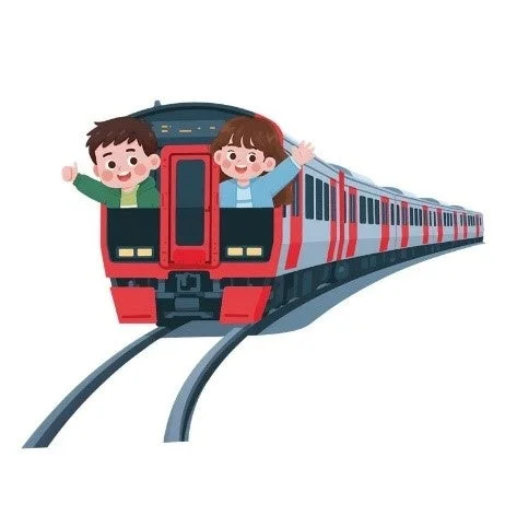 赤い電車に乗った2人の子供が、窓から身を乗り出して笑顔で手を振っているイラスト