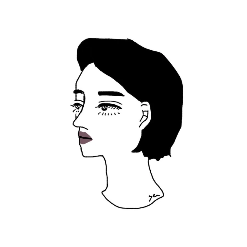 白い背景に、短い黒髪の女性の横顔が描かれたシンプルな線画イラスト。