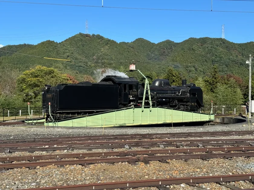 青空の下、緑豊かな山々を背景に、黒い蒸気機関車C58 363が緑色の転車台に乗っている様子を捉えた鉄道風景写真です。煙を少し上げているのが見えます。