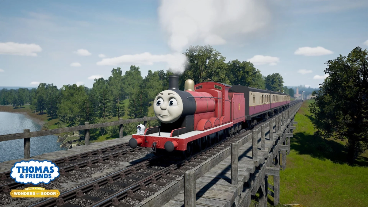 ジェームスが木製の鉄道橋を渡る様子