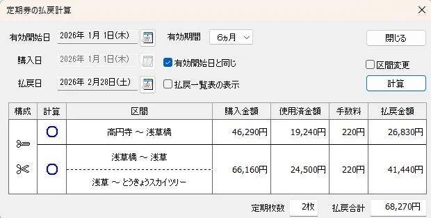 定期券払戻計算イメージ