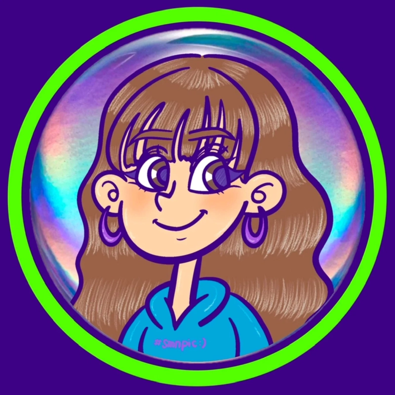 茶色のウェーブヘアの笑顔の女の子が青いパーカーを着て、紫のピアスをつけたイラスト。