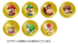 スーパーマリオシリーズのキャラクターがデザインされた7種類の金色のメダルが並んでいます