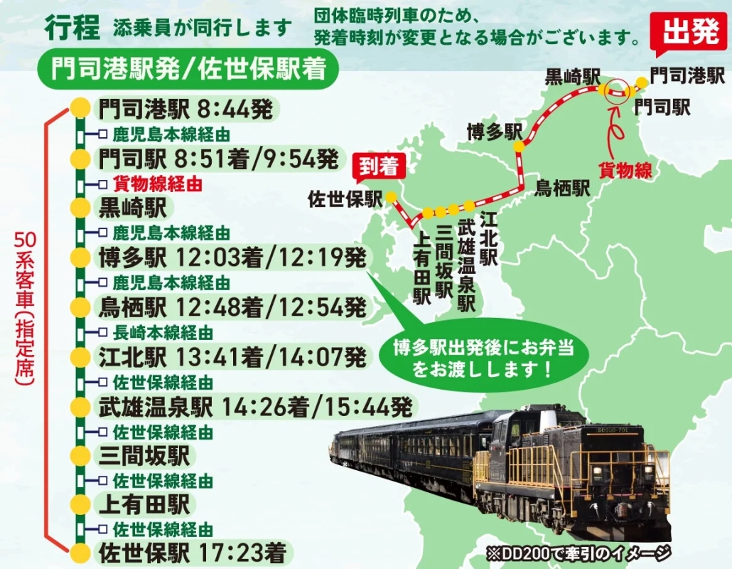 門司港駅から佐世保駅までの団体臨時列車の運行行程図と時刻表