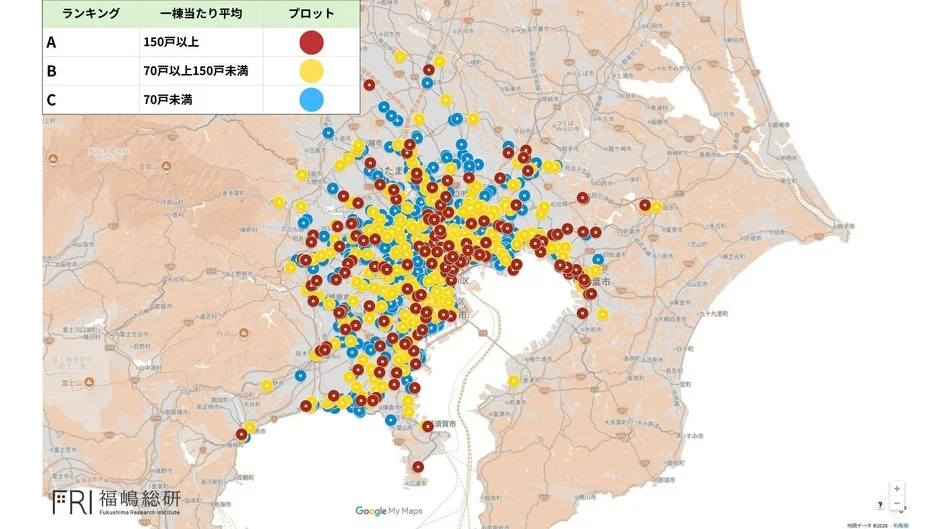 関東地方の一棟当たり平均戸数マップ