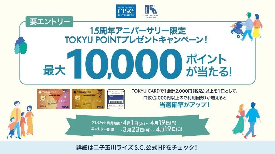 二子玉川ライズS.C.の15周年アニバーサリーを記念したTOKYU POINTプレゼントキャンペーンの告知画像