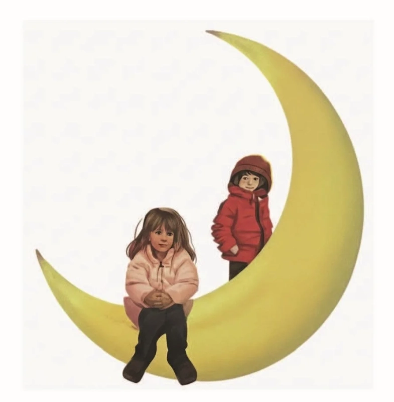 三日月に座る子供たちのイラスト