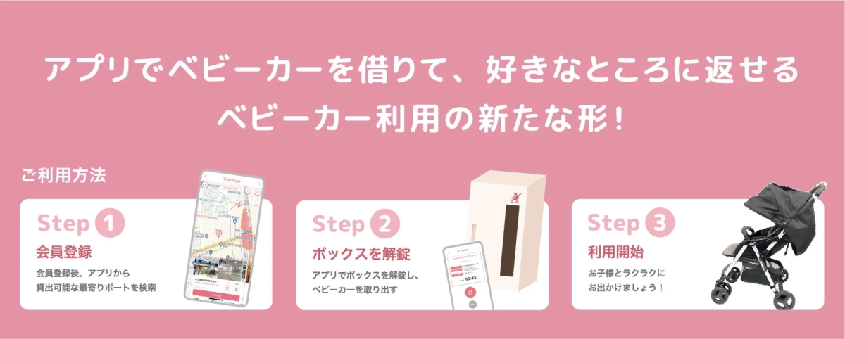 アプリでベビーカーを借りて、好きなところに返せる