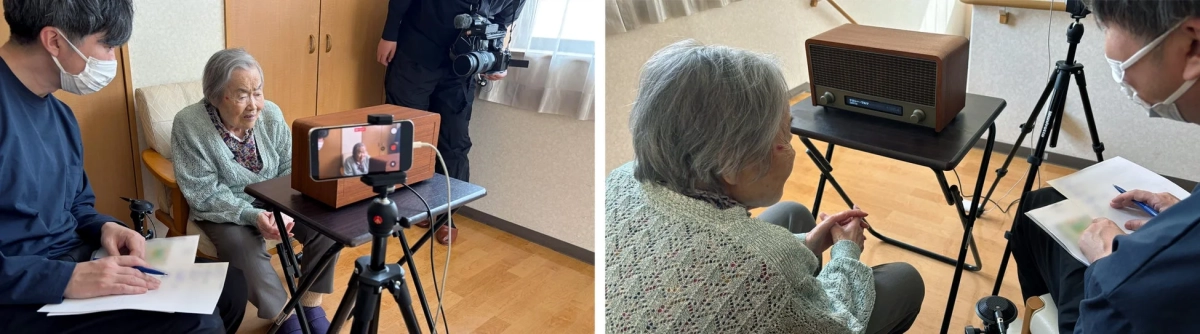 高齢の女性がラジオを見たりインタビューを受けたりする様子