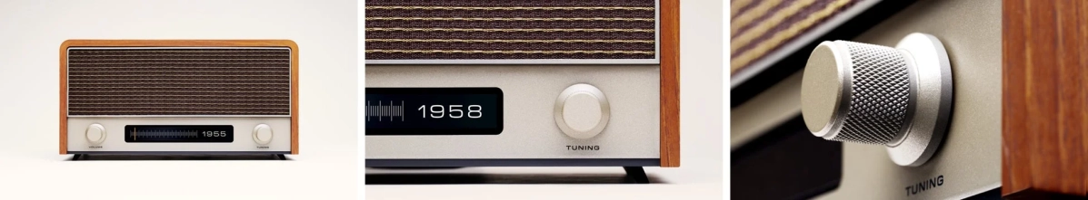 木製筐体とレトロなデザインのラジオ