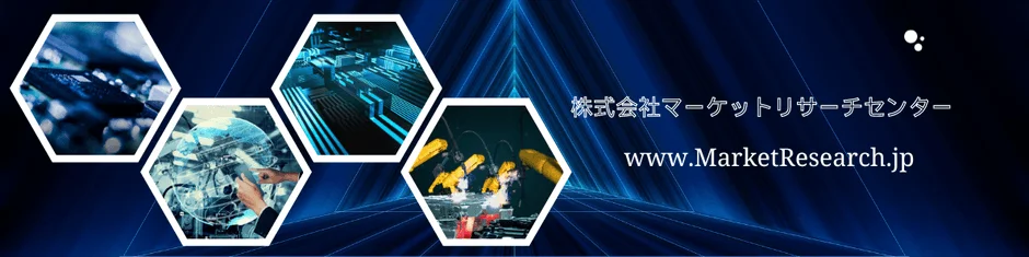 未来的な青い背景に、回路基板、グローバルデータ、産業用ロボットの画像を配した企業バナー。