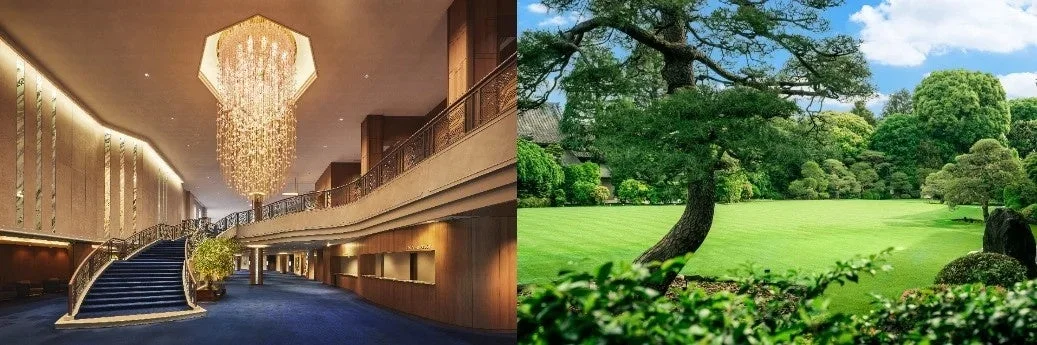 ホテル, ロビー, シャンデリア, 階段, 日本庭園, 庭園, 芝生, 緑, 木, 自然, 豪華, 和風, 建築