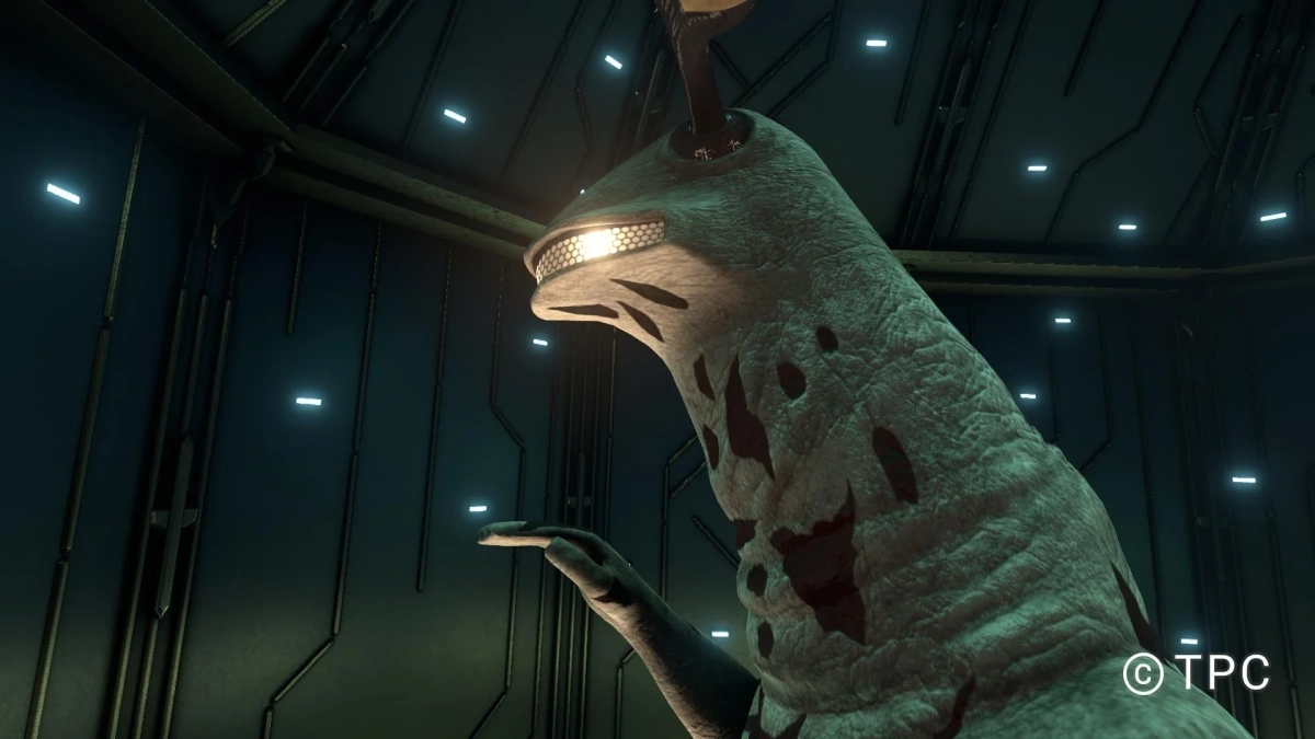 暗い空間に立つ巨大なクリーチャー