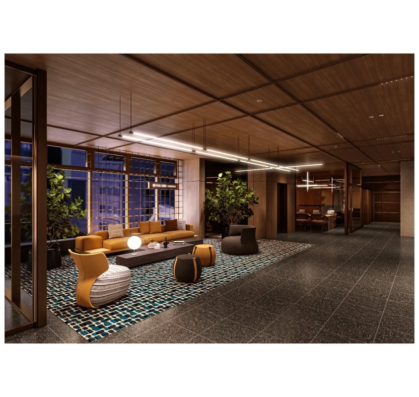モダンで洗練されたデザインのホテルのロビーまたはラウンジ空間