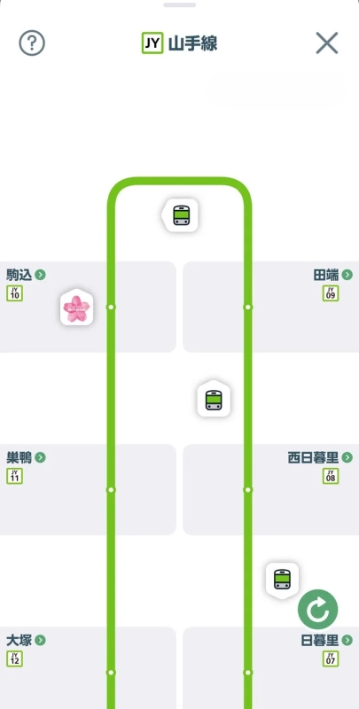 山手線の駅と電車の位置を示すモバイルアプリの画面。駒込や田端などの駅名、運行中の列車アイコン、桜のアイコンが表示されている。