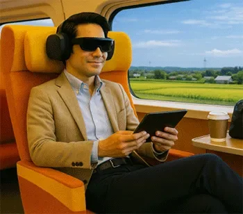 電車内でARグラスとヘッドホンを装着し、タブレットを操作しながらリラックスしている男性の姿
