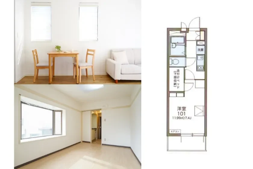 明るくシンプルな内装の部屋の様子と、その間取り図が示された画像です。