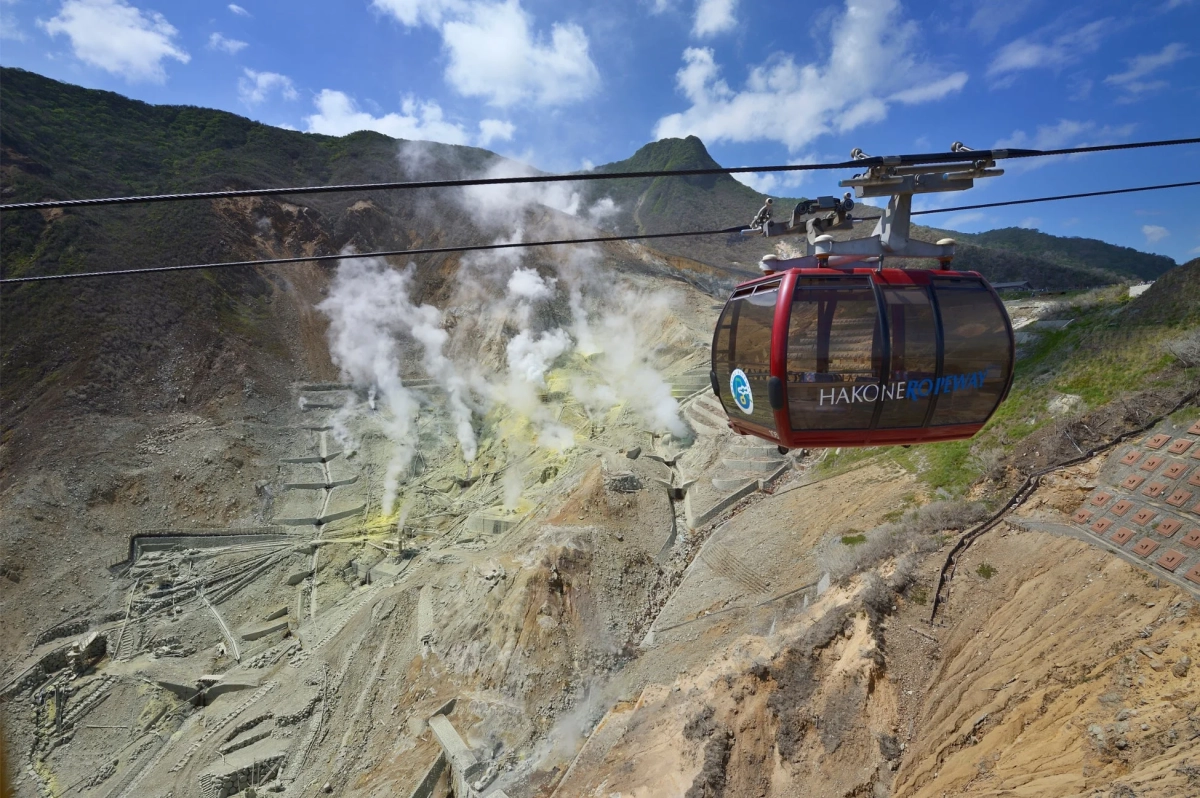 大涌谷の噴煙立ち上る上空を通過する箱根ロープウェイ