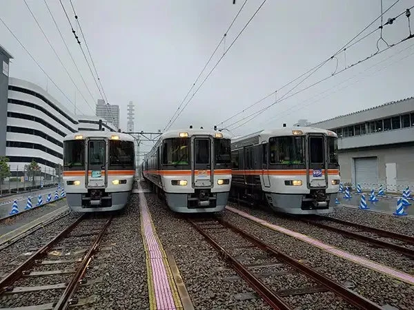 曇り空の下、3両の電車が線路に並んで停車している様子