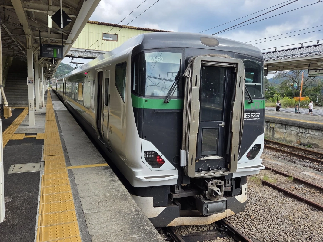 JR E257系電車が日本の駅のホームに停車している様子