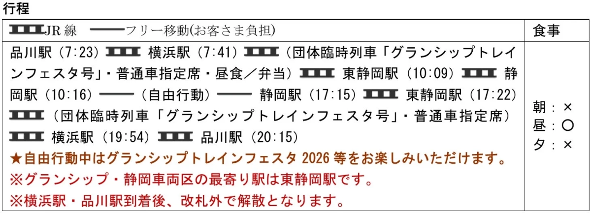 品川・横浜発着の団体臨時列車「グランシップトレインフェスタ号」を利用した日帰り旅行の行程表