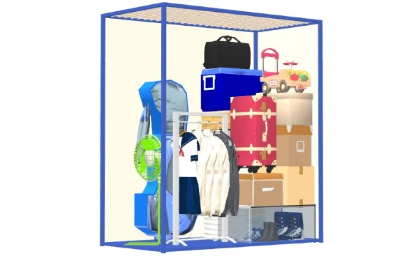 段ボール箱、スーツケース、衣類、扇風機、バッグ、おもちゃなど様々な荷物