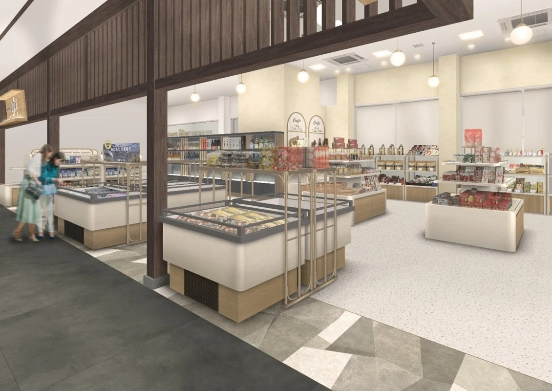 和風モダンな内装で冷凍食品、酒類、工芸品が並ぶ店舗