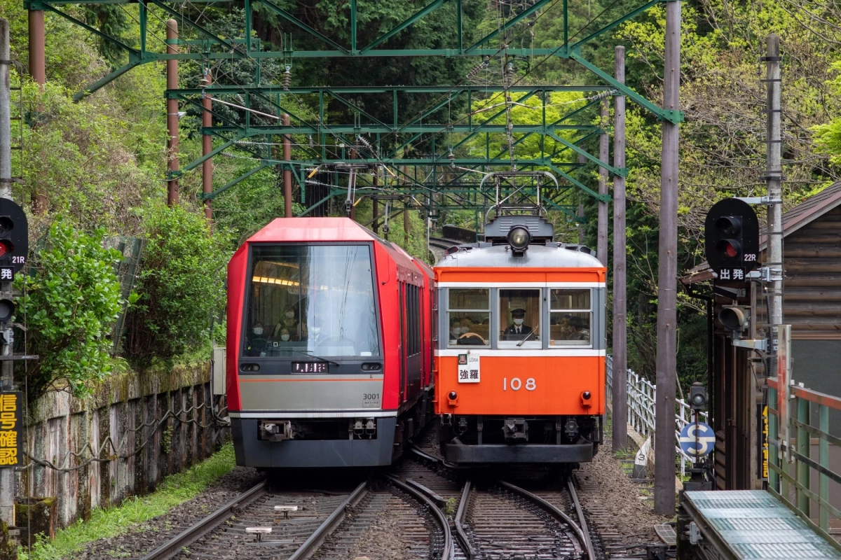 山の緑豊かな駅ですれ違う箱根登山電車