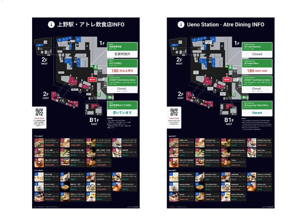 上野駅・アトレ飲食店の混雑情報を示す案内板