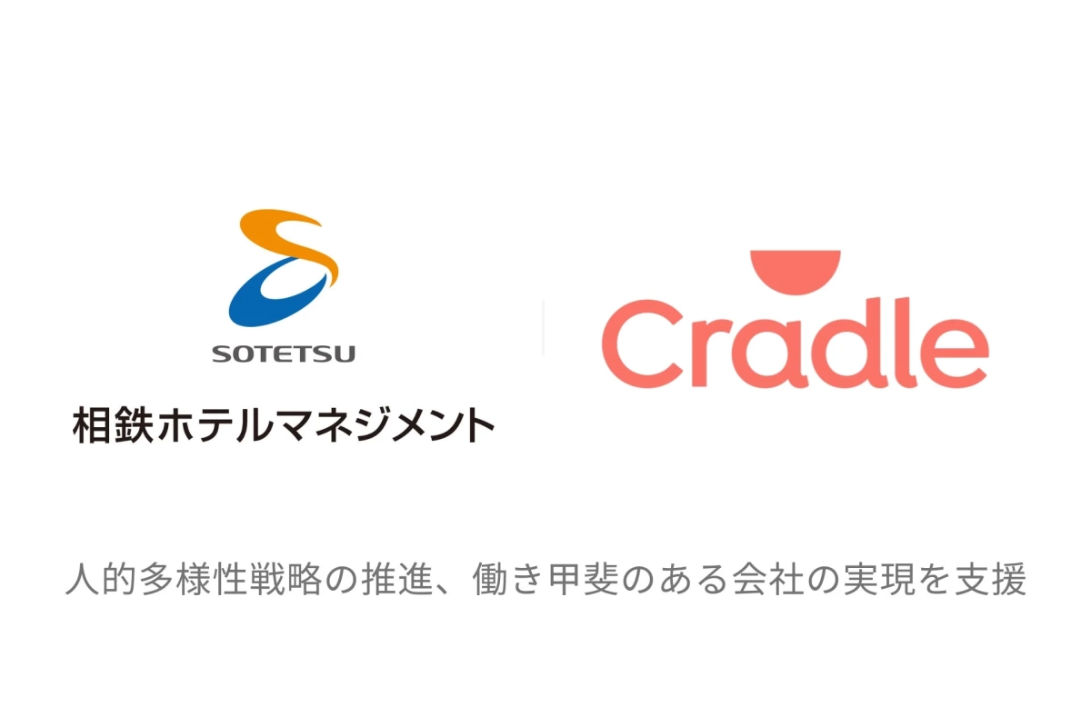 相鉄ホテルマネジメントとCradleのロゴが並び、人的多様性戦略の推進と働き甲斐のある会社の実現を支援することを示す画像です。