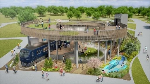 電車駅と一体化した多層構造の公園のレンダリング