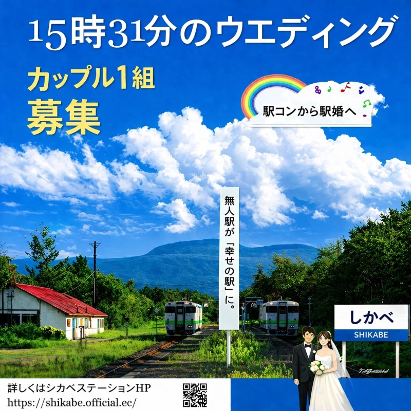 無人駅を舞台にした結婚式の参加カップルを募集する広告