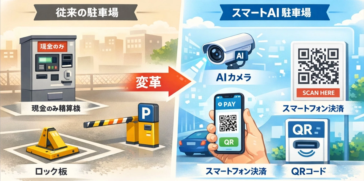 従来の現金精算機やロック板のある駐車場から、AIカメラやスマートフォン決済、QRコードを利用したスマートAI駐車場への変革を示すイラストです。