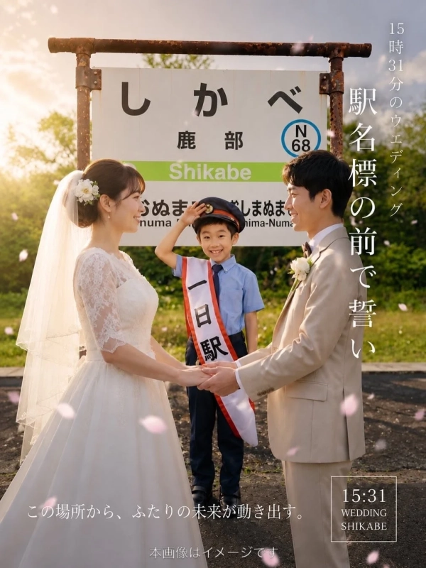 鹿部駅の駅名標前で誓いを立てる結婚式のイメージ
