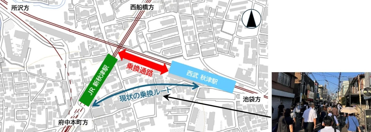 JR新秋津駅と西武秋津駅間の乗換ルート図