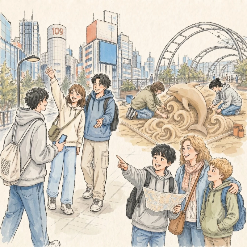 都会の街並みを背景に、人々が楽しんでいる様子が描かれたイラスト