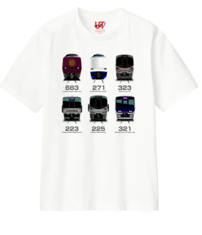 白いTシャツに、JRの特急や快速、通勤電車など6種類の車両がデザインされています。各車両の形式と路線名が記載されたUTブランドの鉄道デザインTシャツです。