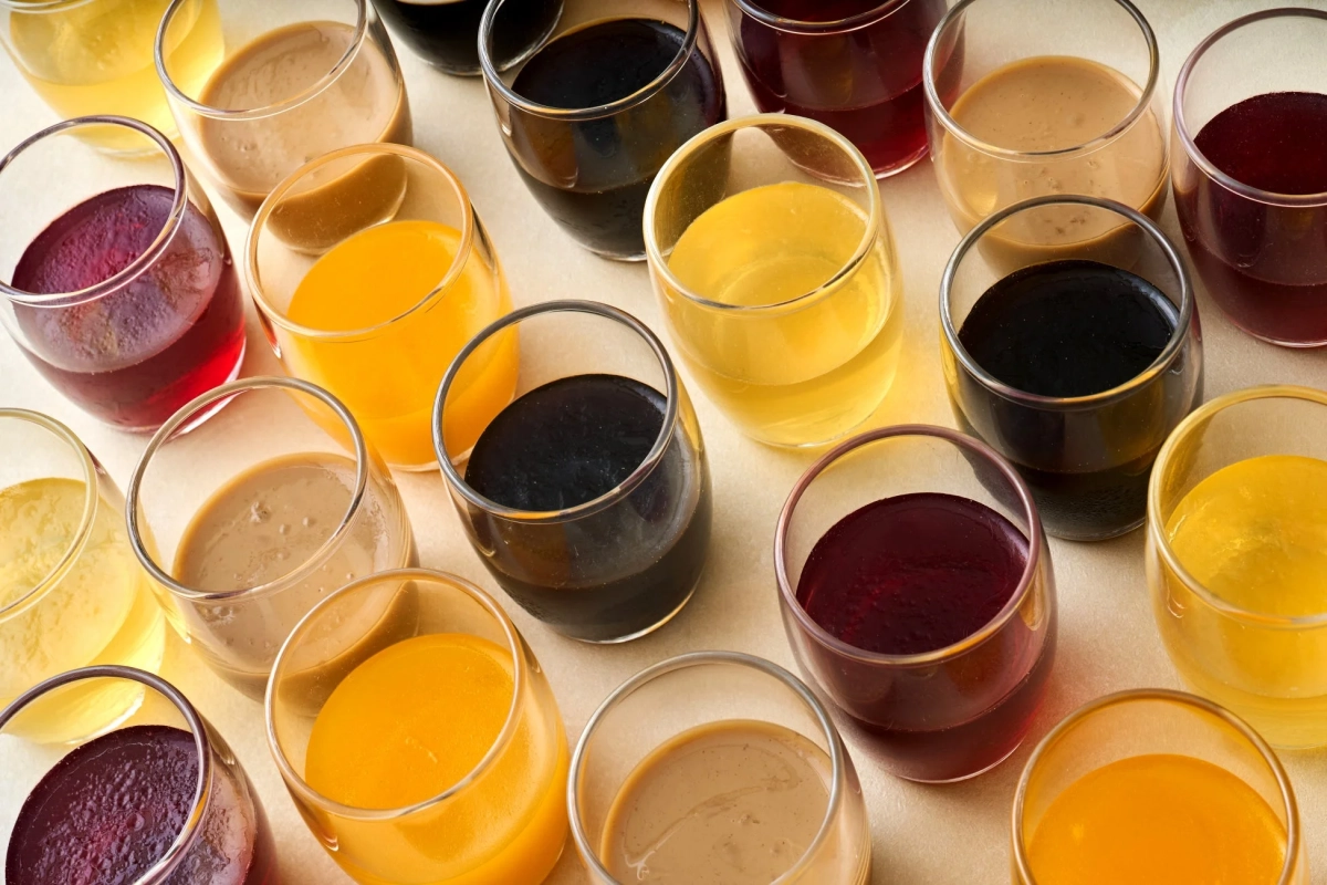 透明なグラスに様々な色の液体が注がれた飲み物