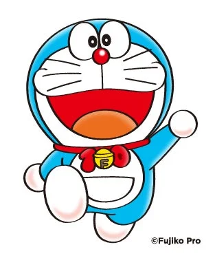 人気アニメ「ドラえもん」のキャラクターが、手を上げて口を大きく開けて笑っているイラストです。青いボディに赤い首輪と鈴が特徴的です。