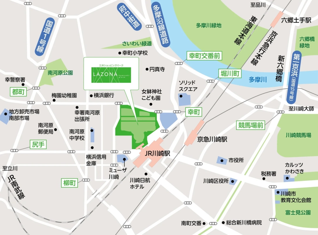 JR川崎駅と京急川崎駅を中心とした川崎駅周辺の広域地図。