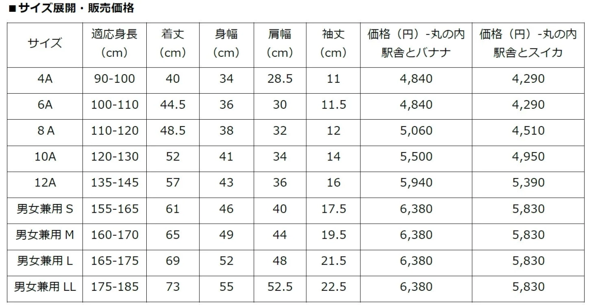 Tシャツサイズ展開・価格