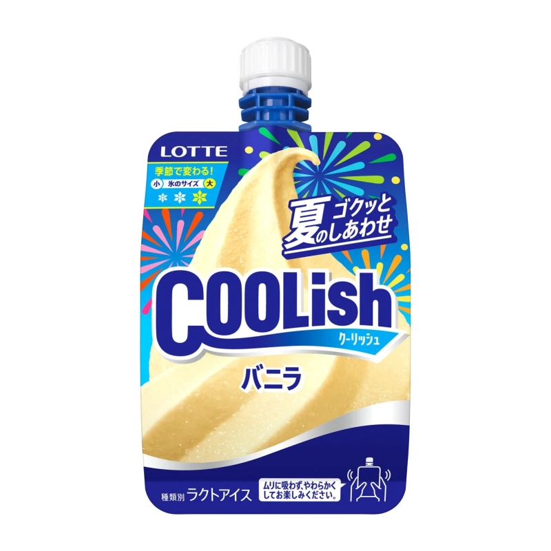 ロッテの「クーリッシュ」バニラ味のパッケージ。夏らしい花火のデザインが特徴で、ゴクッと飲めるラクトアイスです。