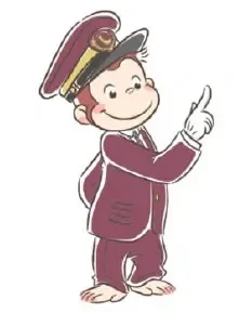 深紅の制服を着て指を差すおさるのジョージのイラスト
