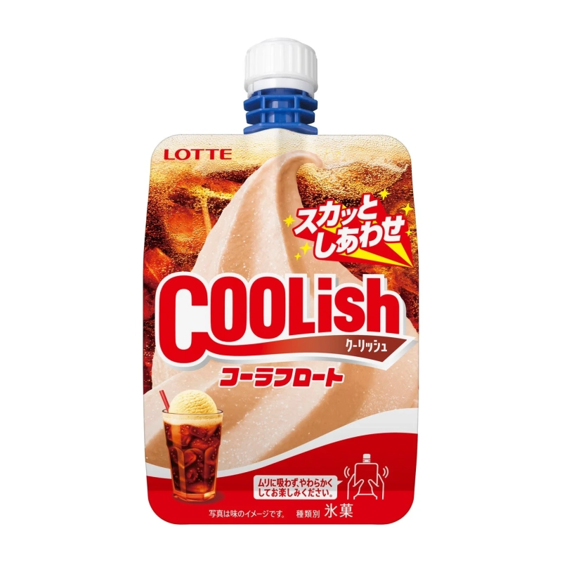 ロッテのクーリッシュ、コーラフロート味のアイスです。パウチ容器に入った氷菓で、バニラアイスとコーラの組み合わせが特徴。「スカッと、しあわせ」というキャッチフレーズがあり、冷たくて爽やかなデザートです。