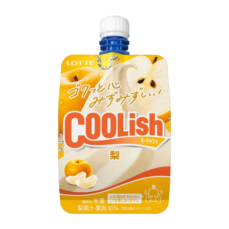 ロッテの「クーリッシュ 梨」は、パウチ容器に入った氷菓で、ゴクッと飲めるみずみずしい梨の味わいが特徴です。梨果汁・果肉を10%使用しており、やわらかい食感で手軽に楽しめます。