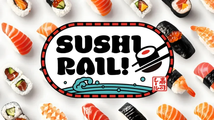 SUSHI RAIL!のロゴと寿司のイメージ