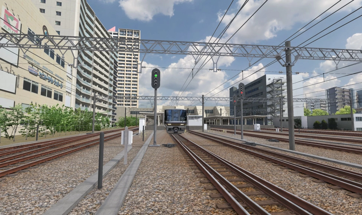 都市部の鉄道駅に進入する電車